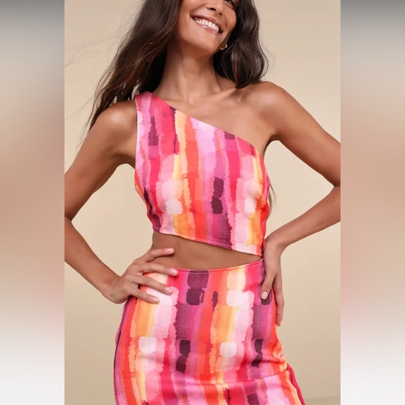Lulus Luminous Vibes Hot Pink Abstract One-shoulder Cutout Midi Dress - Size S - Picture 4 of 8